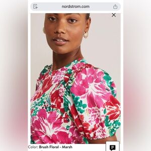 NWT $168 Vineyard Vines Brush Floral Puff Sleeve Blouse in Marsh. Women’s Small.